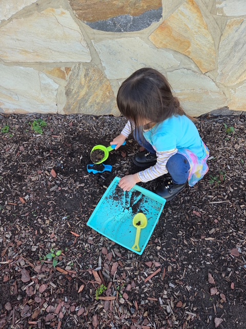 Sifting soil in the garden with sand tools