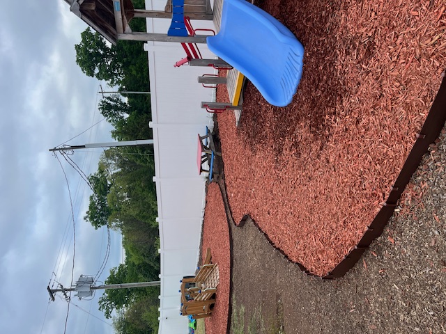 Backyard playground with a blue slide and picnic table