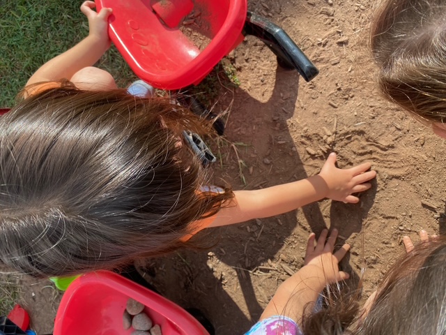 Digging in the dirt and collecting rocks outdoors