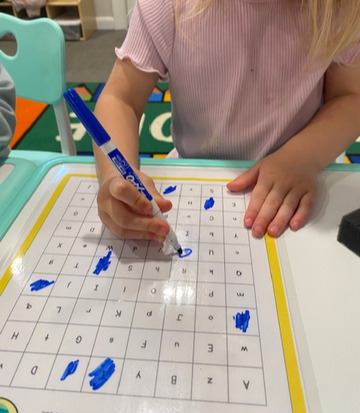 Marking letters on a laminated alphabet grid with a marker