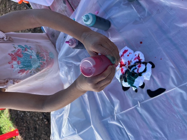 Squeezing dye onto shaving cream for tie-dye art